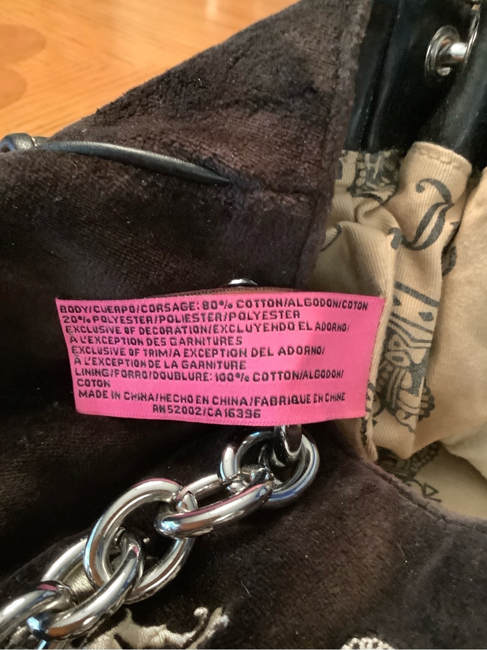 Royal Juicy Couture Black Leather and Thick Brown Velvet Bag with Silver Chain. - Picture 13 of 16